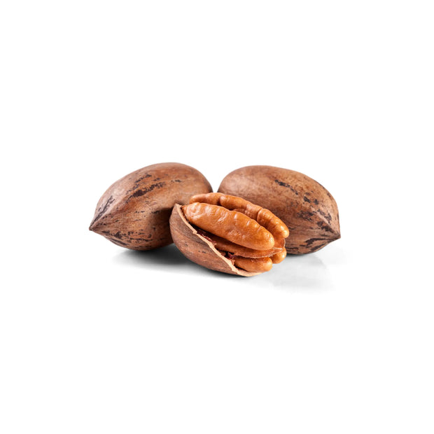 Closeup image of Stuart Pecans on a white background.