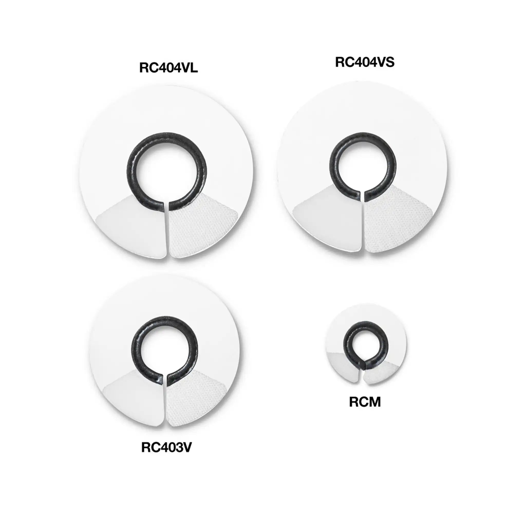 Image showing the relative size of all four sizes of E-collar. In order, largest to smallest, they are RC404VL (Large), RC404VS (Medium), RC403V (Small), and RCM (Mice).
