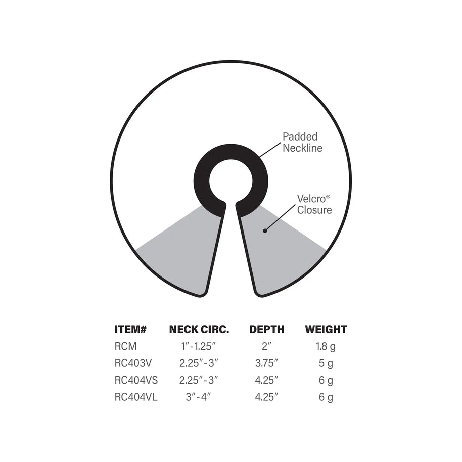 Graphic highlighting the E-collar's padded neckline and Velcro closure, including their weights and dimensions.
RC404VL (Large) Neck Circ. = 3