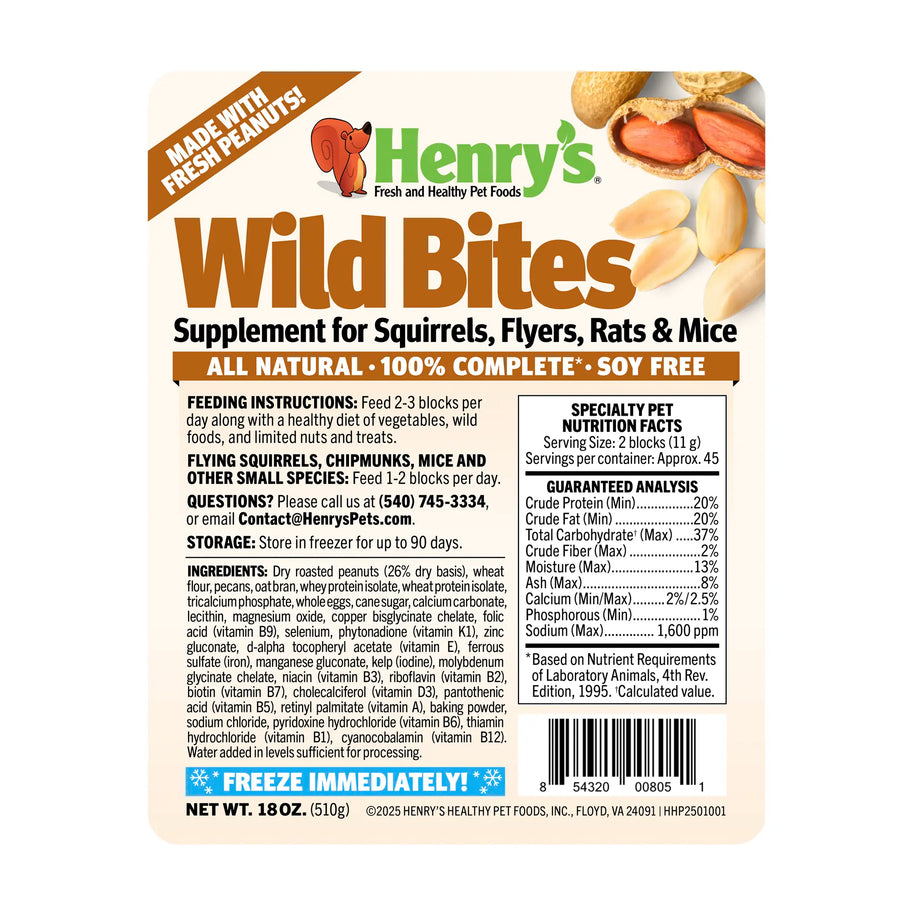 Image of Wild Bites label, including feeding instructions and ingredients list, which can be found further down on this page.