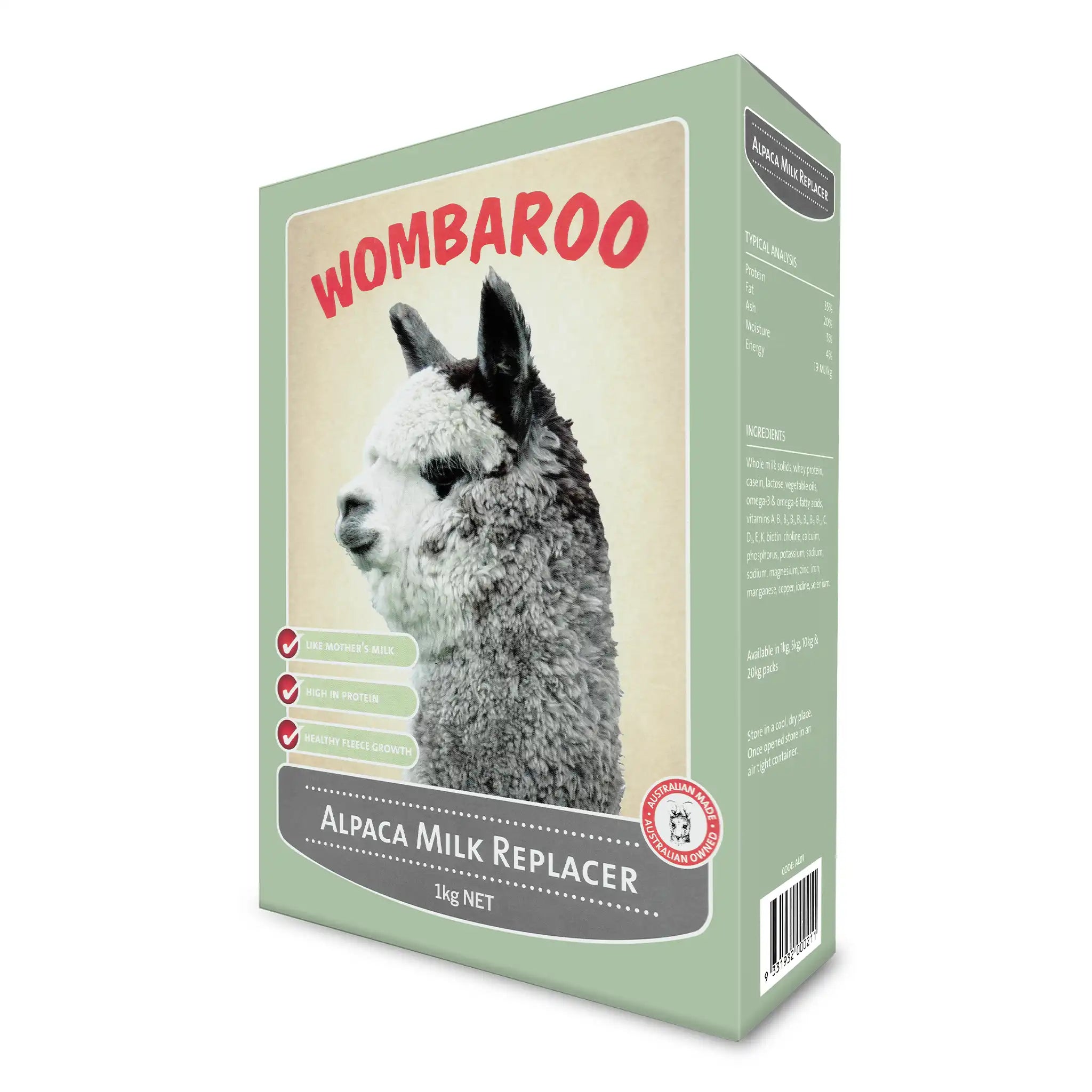 Image of the 1 kg box of Wombaroo Alpaca Milk Replacer.