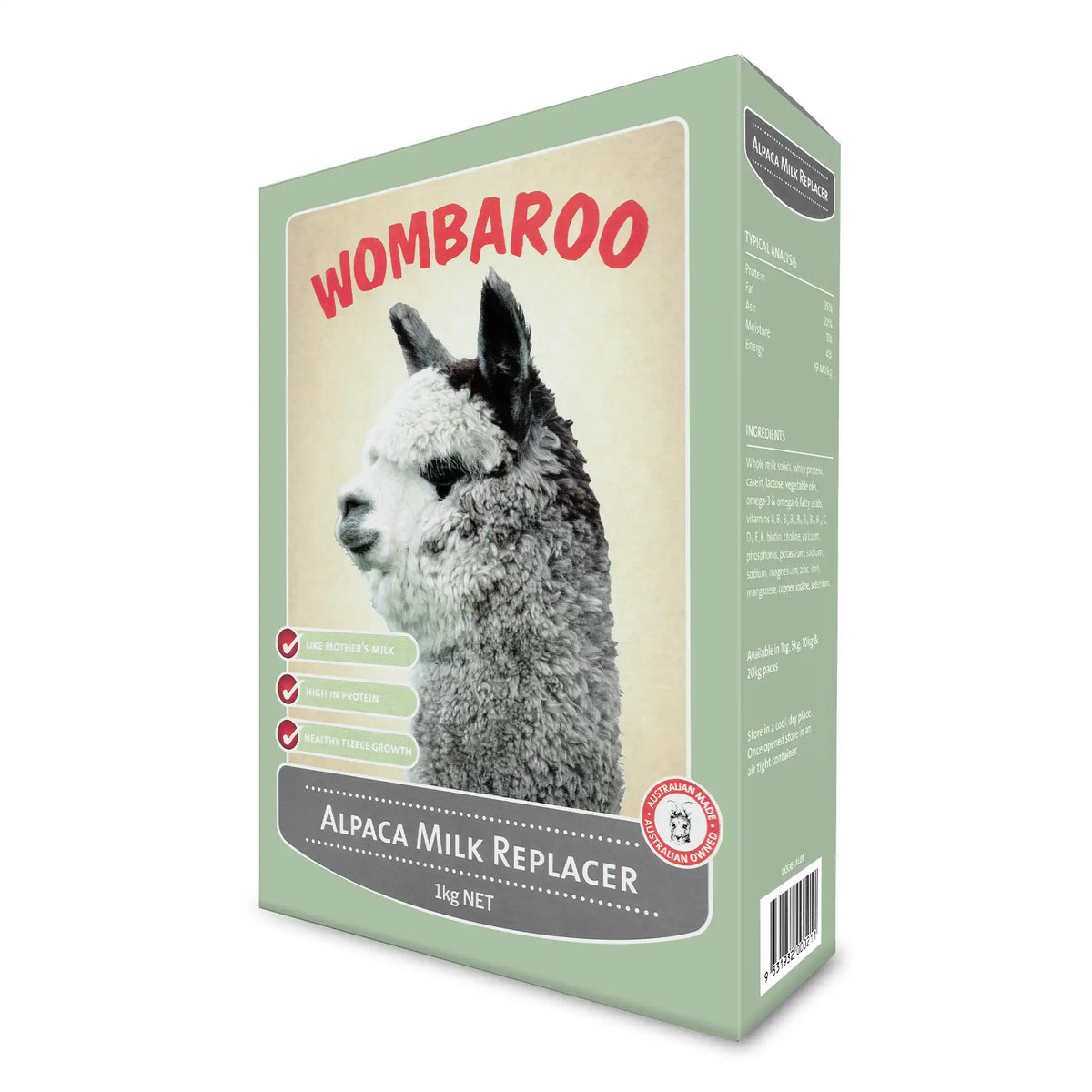 Image of the 1 kg box of Wombaroo Alpaca Milk Replacer.
