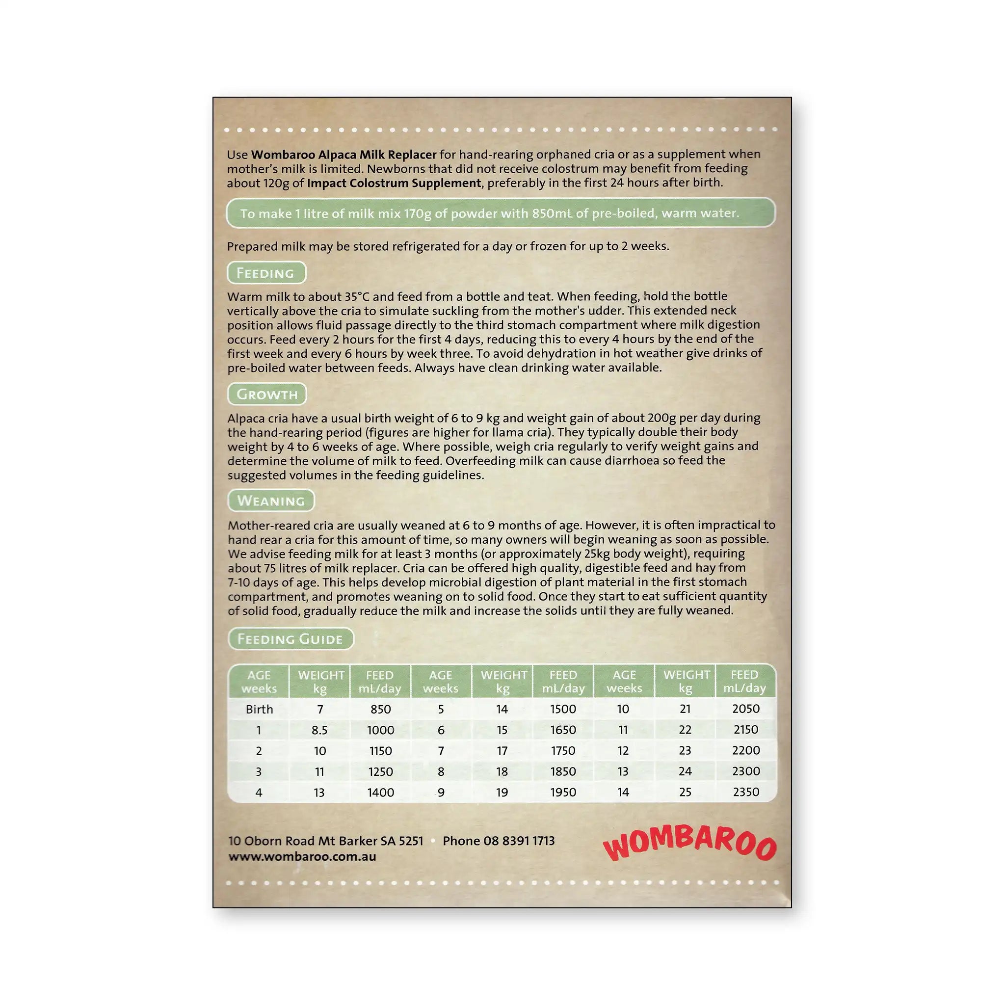 Image of the back of a Wombaroo Alpaca box, all of the information can be found further down on this product page.