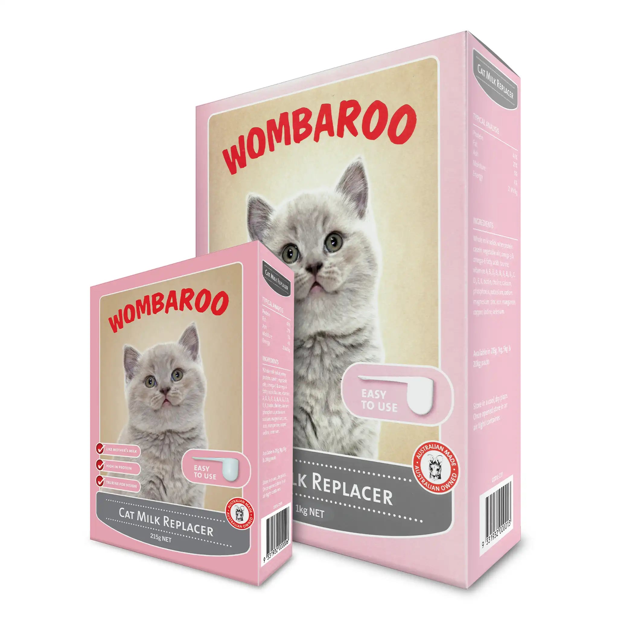 Image of both sizes of Wombaroo Cat Milk Replacer: 215 g and 1 kg boxes.