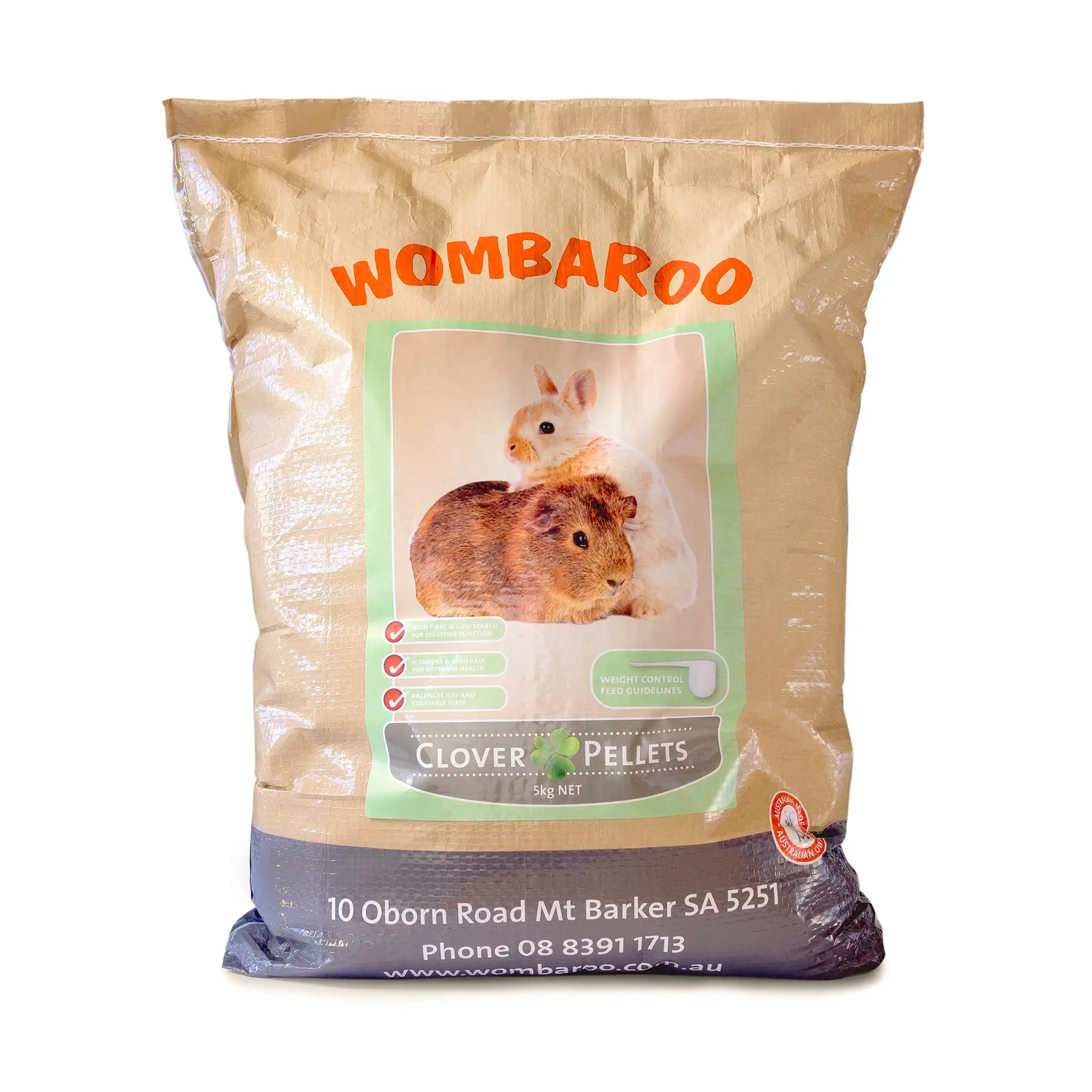 Image of 5 kg bag of Wombaroo Clover Pellets.