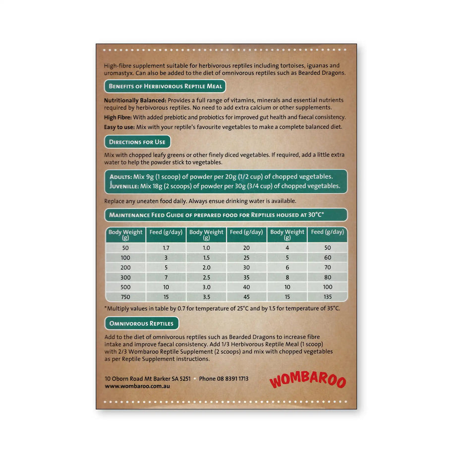 Image of the back of a Wombaroo Herbivorous Reptile Meal box, includes brief description, directions for use, etc., all of which is included in the product description on this page.