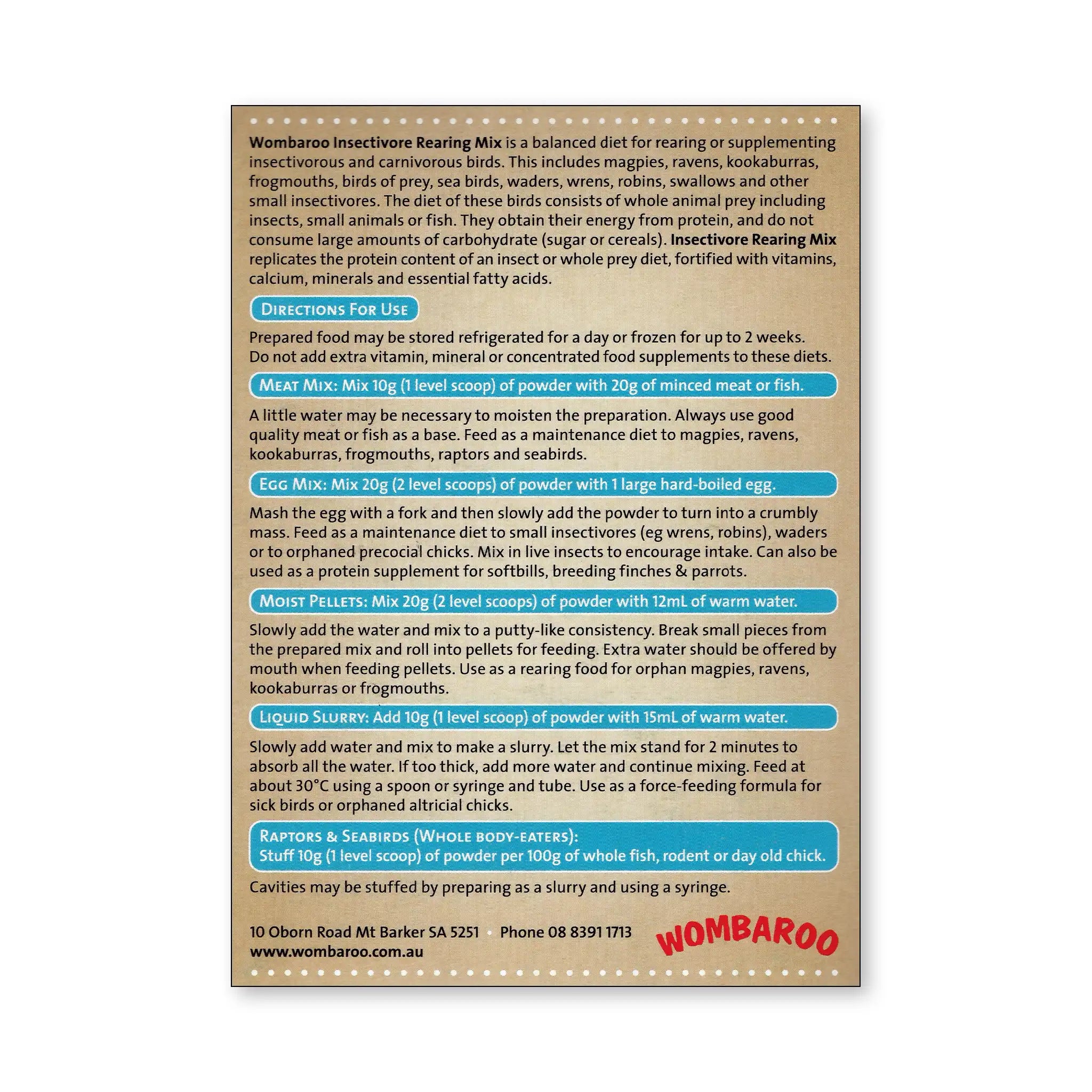 Image of the back of a Wombaroo Insectivore Rearing Mix, including descriptions and various use directions, which can be found on this product page.