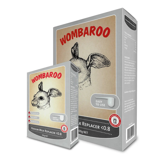 Image of both sizes of Wombaroo Possum Stage 1 milk replacer: 160 grams and 800 grams.