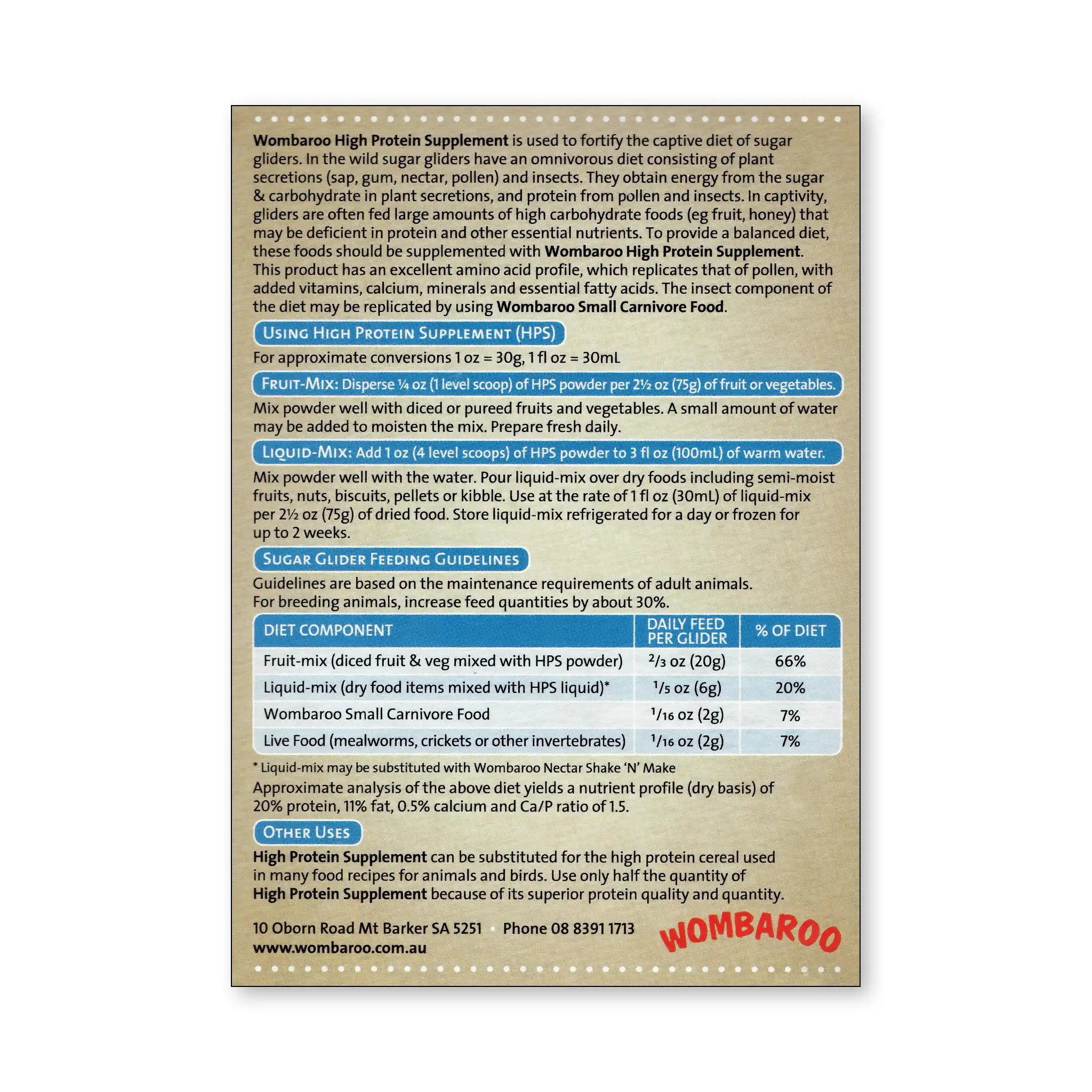Image of the back of a Wombaroo High Protein Supplement box, including description and use directions, which can be found further down on this page.