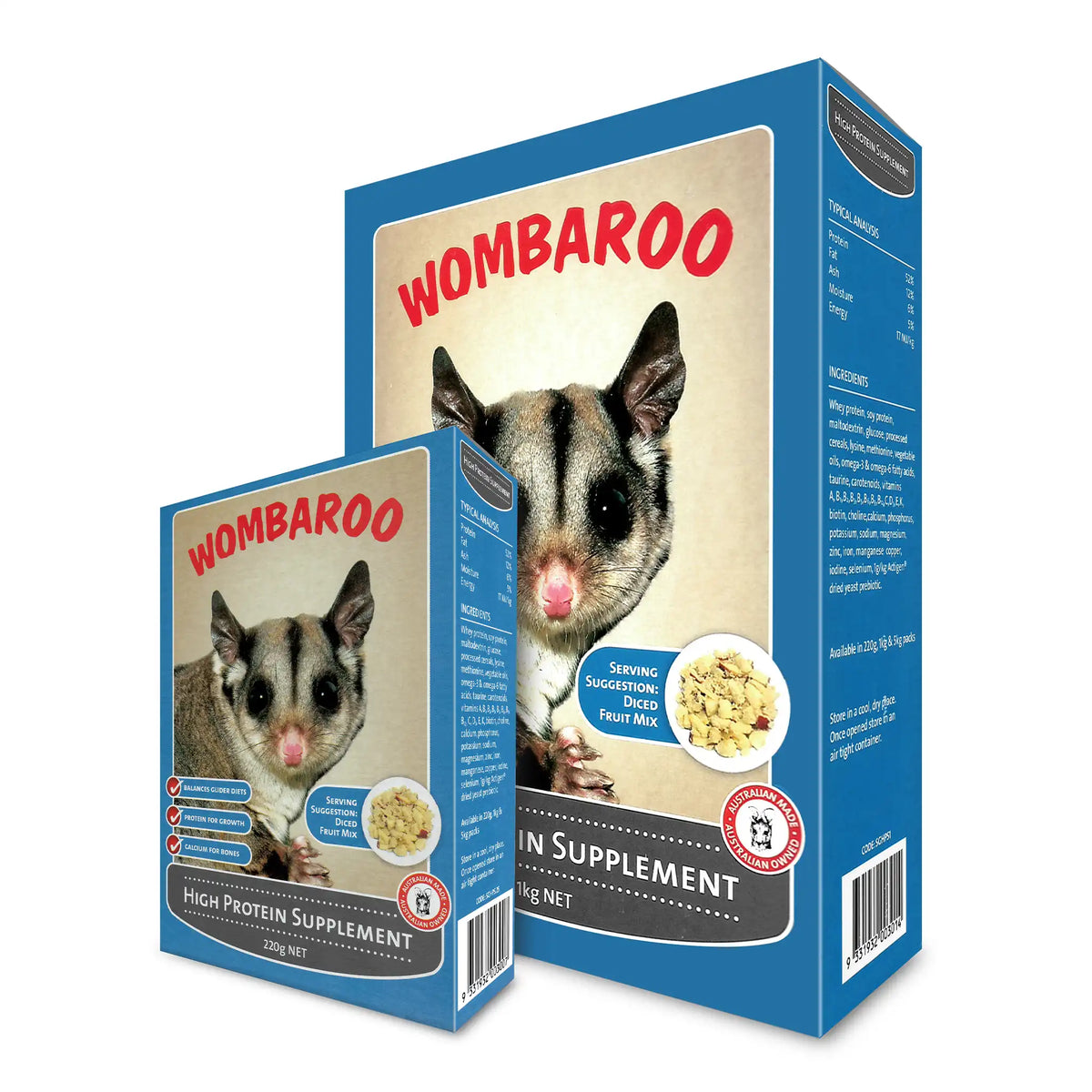 Image of both sizes of Wombaroo High Protein Supplement: 220 g box and 1 kg box.