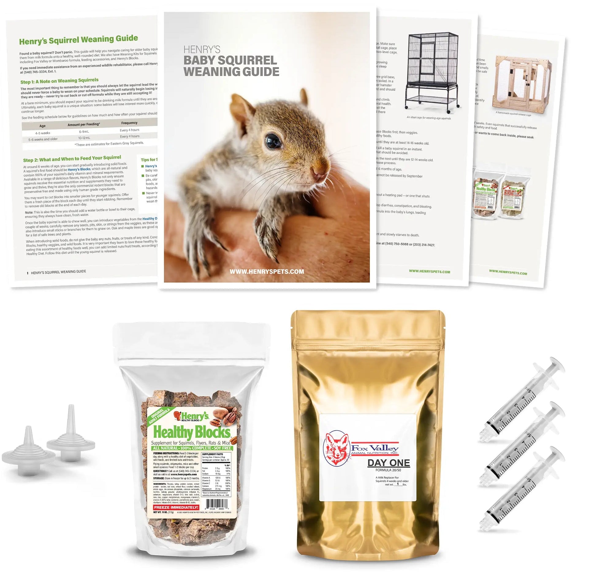Composite image of everything included in a Standard Fox Valley Weaning Kit: Weaning Guide, Fox Valley 20/50 Formula, Healthy Blocks, Small and Medium Easy-Grip Nipples, three 5 mL syringes.
