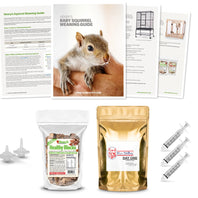 Composite image of everything included in a Standard Fox Valley Weaning Kit: Weaning Guide, Fox Valley 20/50 Formula, Healthy Blocks, Small and Medium Easy-Grip Nipples, three 5 mL syringes.