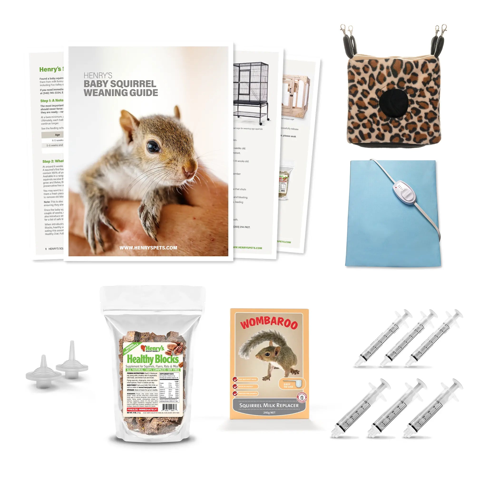 Composite image of everything included in a Complete Wombaroo Weaning Kit: Weaning Guide, Wombaroo Squirrel Milk Replacer, Healthy Blocks, Small and Medium Easy-Grip Nipples, three 3 mL and three 5 mL syringes, heating pad, and Cozy Cube.