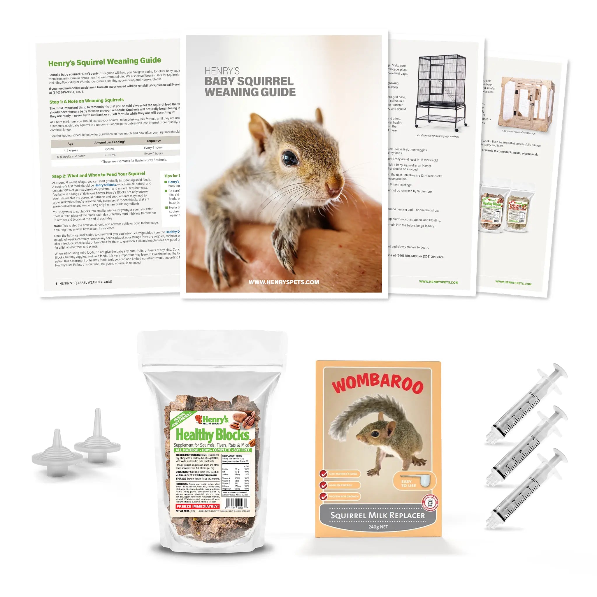 Image of the Contents of a Standard Wombaroo Weaning Kit: Weaning Guide, Wombaroo Squirrel Milk Replacer, Healthy Blocks, Small and Medium Easy-Grip Nipples, three 5 mL syringes.