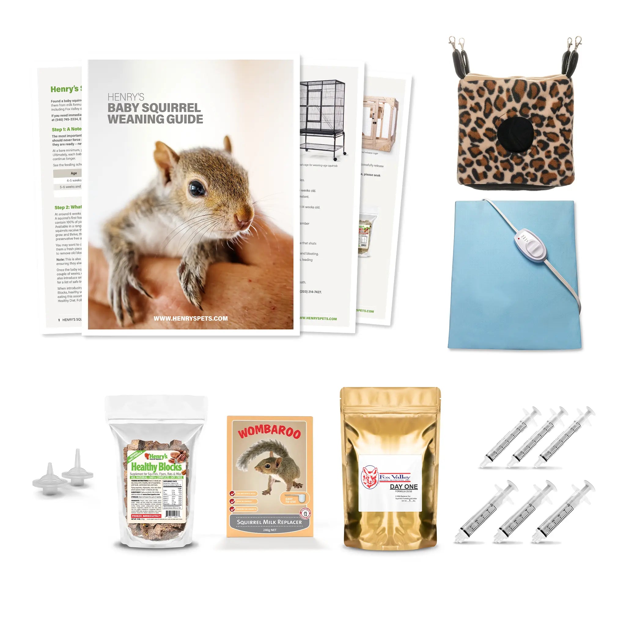 Composite image of all potential contents of a Squirrel Weaning Kit. Including Weaning Guide, Fox Valley or Wombaroo Formula, Healthy Blocks, Small and Medium Easy-Grip Nipples, three 3 mL and three 5 mL syringes, heating pad, and Cozy Cube.